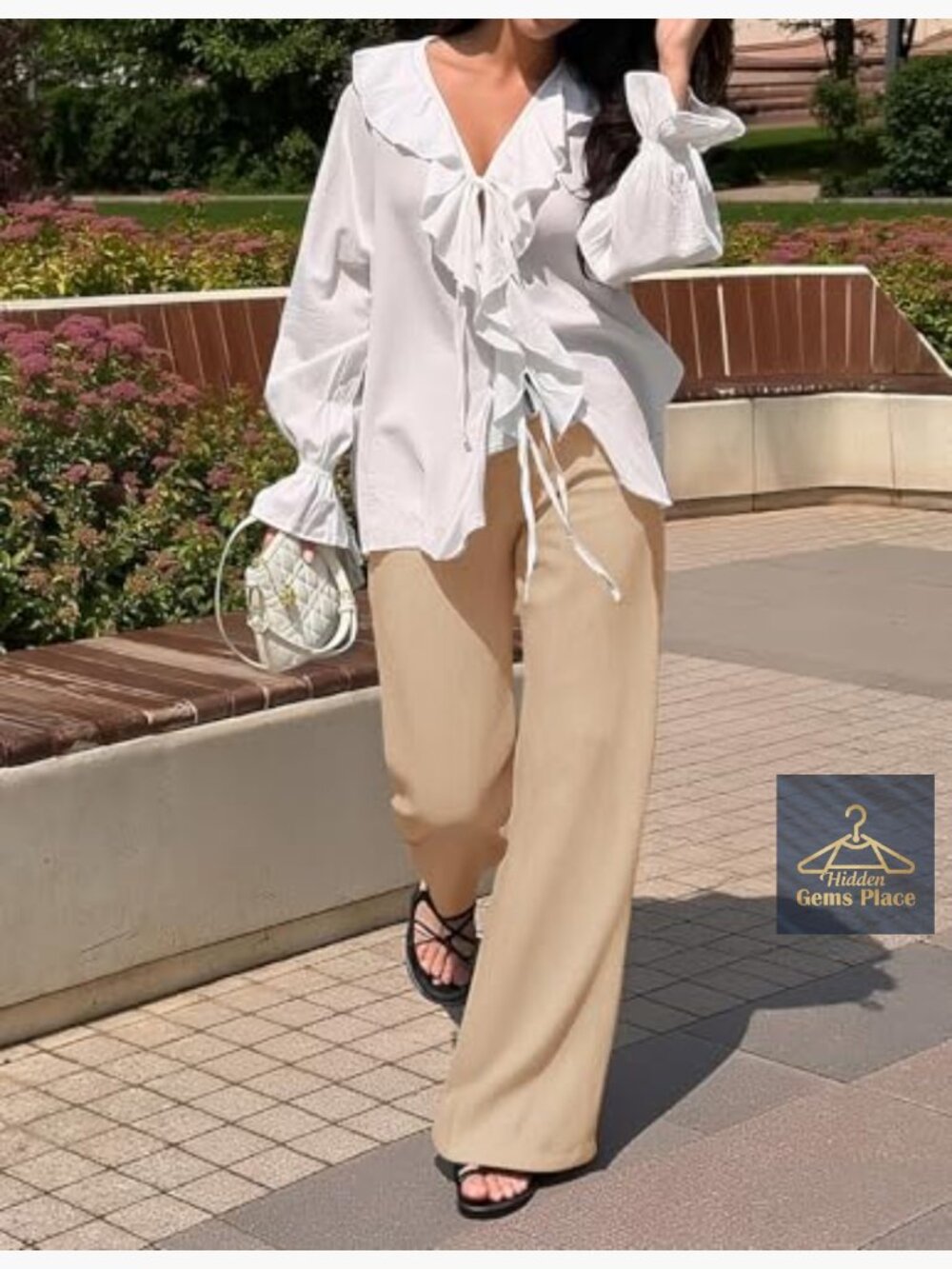 Wide Leg Palazzo Pants High Waisted Elastic Pleated Casual Trousers with Pockets - Picture 6 of 7